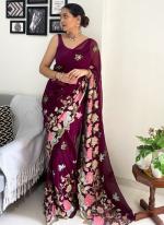 Georgette Wine Party Wear Embroidery Work Saree